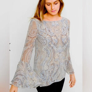 White House Black Market Sheer Paisley Blouse - Gray and Cream
